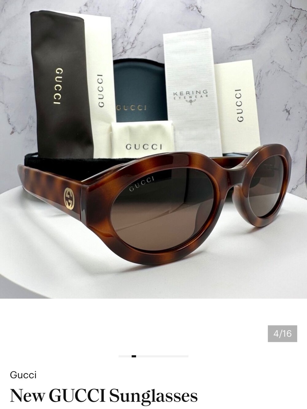 NWT Gucci Brown Tortoiseshell Round Sunglasses with Gold Logo